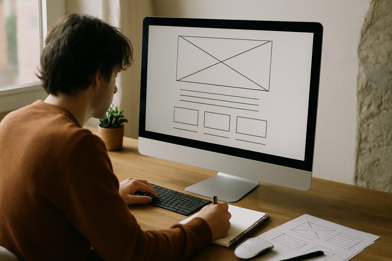 Дизайнер работает над созданием landing page